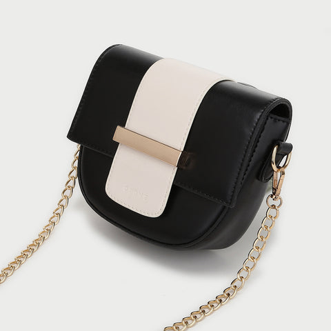 Metal bar colourblock flap PU leather crossbody bag