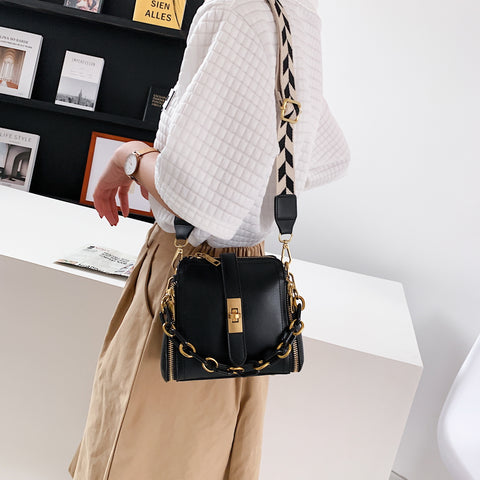 Chain handle patterned strap two-compartment PU leather crossbody bag
