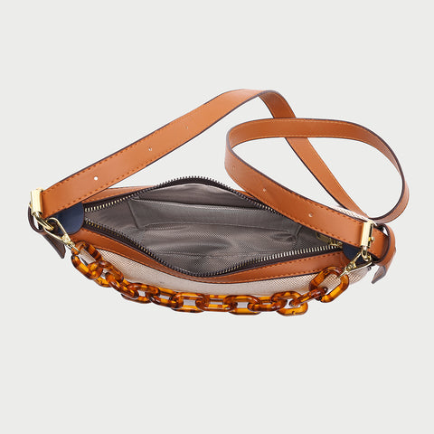 Agate-effect chain handle colourblock canvas PU leather crossbody bag