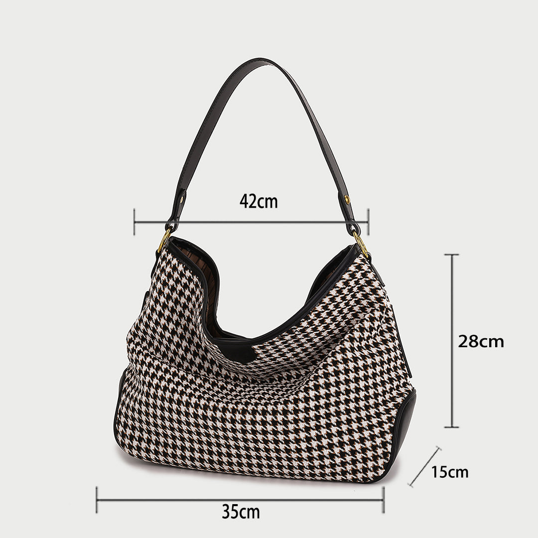 Houndstooth print PU leather trim shoulder bag (with an extra strap)