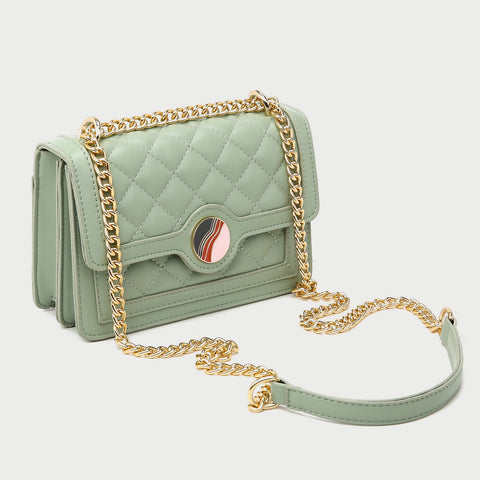 Colourblock disc embellished flap quilted PU leather crossbody bag