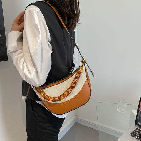 Agate-effect chain handle colourblock canvas PU leather crossbody bag