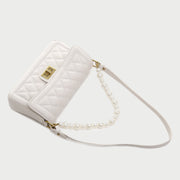 Faux pearl handle turn-lock quilted PU leather shoulder bag