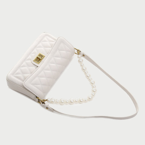 Faux pearl handle turn-lock quilted PU leather shoulder bag