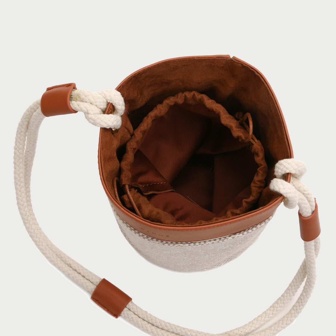 Contrast PU leather trim jacquard detail woven cylinder bucket bag