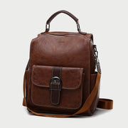 Retro buckle strap pocket functional PU leather backpack