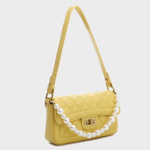 Faux pearl handle turn-lock quilted PU leather shoulder bag