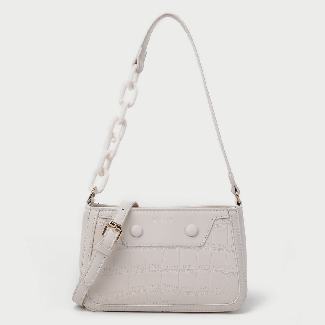 Croc-effect panel chained handle PU leather shoulder bag