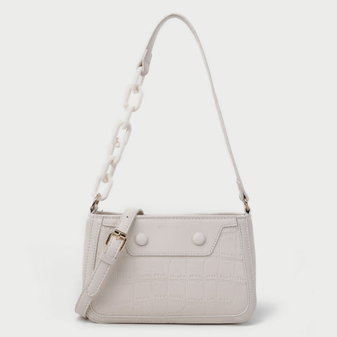 Croc-effect panel chained handle PU leather shoulder bag