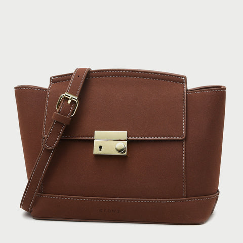 Modern metal-closure flap sculptural faux suede crossbody bag