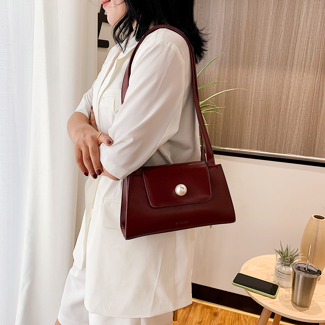 Faux pearl embellished flap PU leather shoulder bag