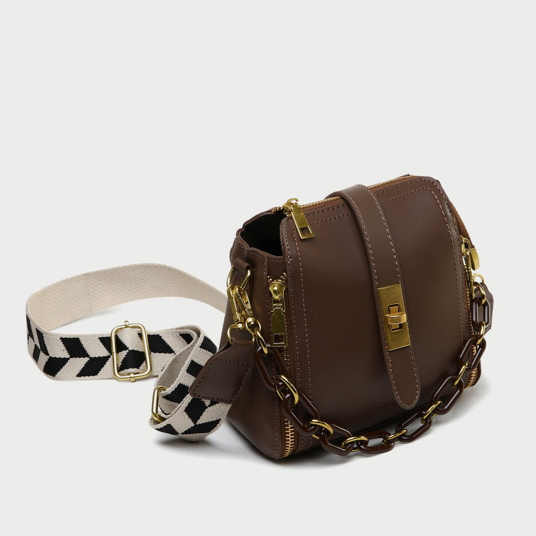 Chain handle patterned strap two-compartment PU leather crossbody bag