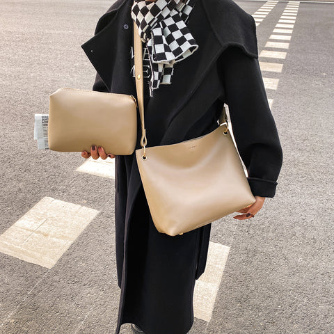 Minimalistic metal stud detail strap PU leather shoulder bag (2-in-1 set)