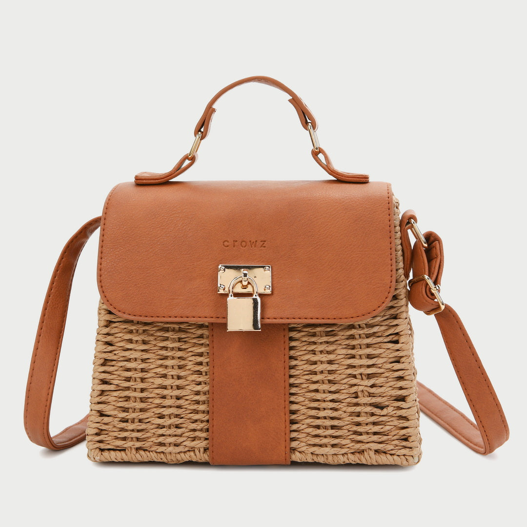 Metal padlock flapover PU leather rattan bag