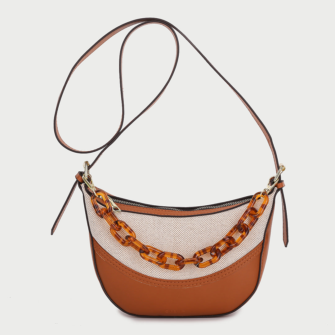 Agate-effect chain handle colourblock canvas PU leather crossbody bag