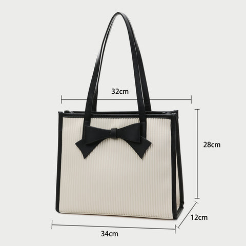 Bow embellished stripe stitch design PU leather tote bag